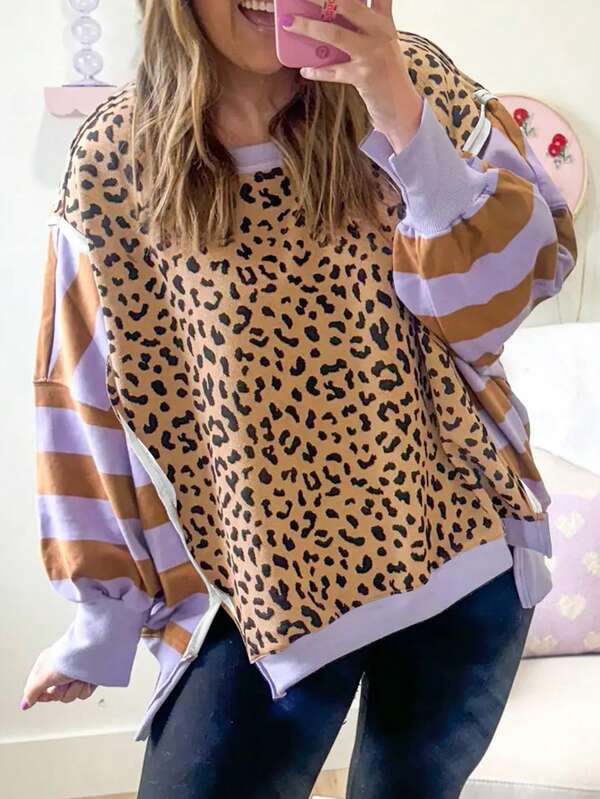Acelitt Autumn Women's Purple Striped Patchwork Leopard Print Contrasting Ultra Loose Bat Sleeve Casual Round Neck Sports Shirt