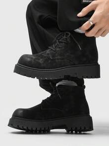 Men's Fashionable High-Top Round Toe Ankle Boots, Thick Sole, Wear-Resistant, Vintage Casual Style, Suitable For Plus Size, Winter Outdoor - 黑色 - 查看 3