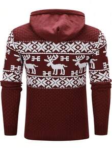 WAIT HIM Men's Casual Christmas Reindeer Pattern Drawstring Hooded Sweater - Burgundy - View 7