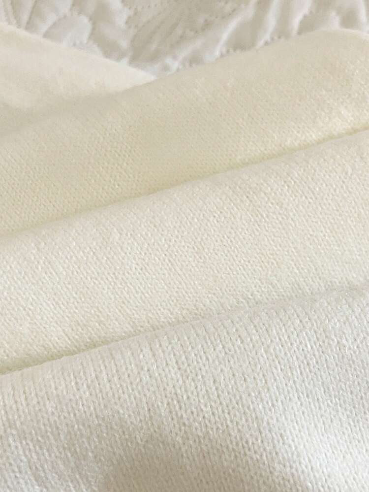 Pantalones anchos de punto acanalado con detalles bordados para mujer, pantalones holgados de punto deunicoloro con cordón, cómodos para el otoño/invierno, club de café de invierno navideño - Blanco - Añade 11