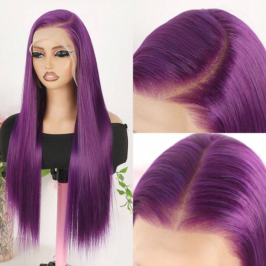 26 Inch Lace Front Wigs For Women Girls 13X6 HD Lace Frontal Hair Wig Pre Plucked Hair-Line Dark Purple Color Free Part Hair Long Straight Glueless Synthetic Lace Front Wigs For Halloween Daily Party Cosplay Use - 紫色 - 查看 1
