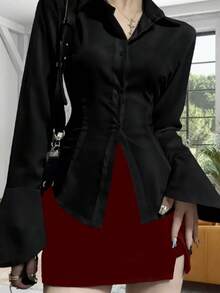 Camisa de mujer de unicolor elegante, blusa de manga larga con lazo, adecuada para todas las estaciones - Negro - Ver 1