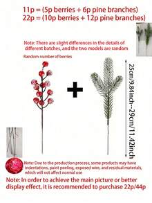 22 pezzi/11 pezzi/1 pezzo Decorazioni natalizie con albero di pino innevato, steli artificiali di bacche, rami di cedro finti, per composizioni, ghirlande, decorazioni natalizie, decorazioni per la casa, il giardino e le feste, decorazioni per albero di Natale, decorazioni natalizie (rosso)