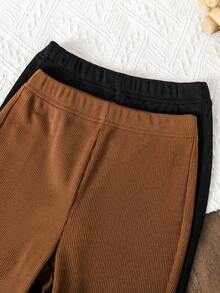 2件套女童罗纹喇叭裤，白色蝴蝶结裤脚开衩，黑色和棕色，日常必备单品 - 彩色 - 查看 3