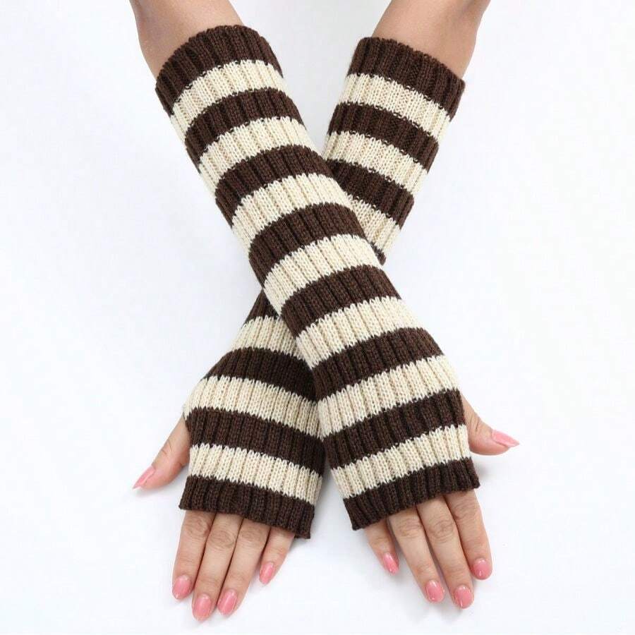 Long Color-Block Striped Wool Gloves Autumn And Winter New Mid-Length Fingerless Women's Warm And Fashionable Knitted Arm Sleeves In Various Colors - 米色 - 查看 1