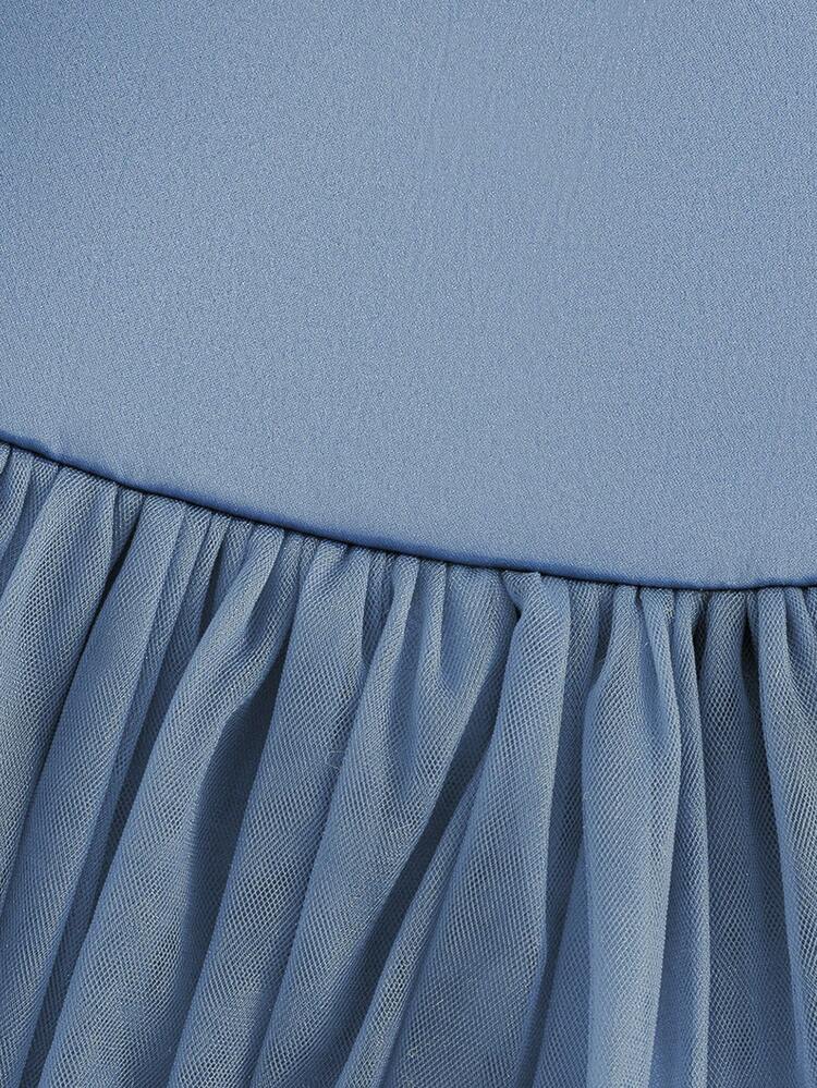 女婴灰蓝色蝴蝶结装饰网眼拼布无袖迷你连衣裙 - 霧霾藍 - 查看 4