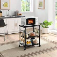 3-Tier Kitchen Bakers Rack, Utility Serving Cart, Multifunction Microwave Oven Stand, Baker's Rack With Storage Shelf And 10 Hooks - 黑色 - 查看 5
