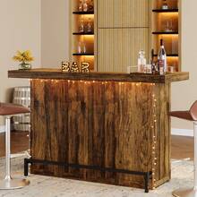 LITTLE TREE 4-Tier Bar Table, 70.9-Inch Large Wooden Home Bar Unit With Wine Glass Holder And Black Footrest, Pub Table With Storage Shelves For Home, Patio, Basement - Brown - View 8
