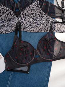 3pcs Women Plus Size Solid Color, Strawberry & Leopard Print Padded Bras - Multicolor - View 5