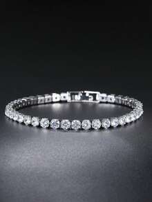 VJS 1pc Unisex Hip-Hop Rhinestone Bracelet, Shiny Micro-InlaidZirconian Bracelet - Silver - View 3