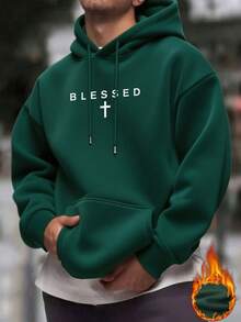 Men's Casual Minimalist Letter Graphic Thermal Lined Hoodie Sweatshirt, Autumn/Winter, Long Sleeve Top