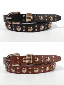 1pc Gold Mushroom Stud Embellished Solid Color Punk PU Leather Fashion Belt For Women