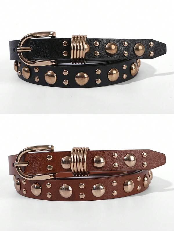 1pc Gold Mushroom Stud Embellished Solid Color Punk PU Leather Fashion Belt For Women