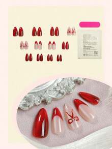 24pcs French Red Cat Eye Nail Stickers, Medium Almond Shape, Bow Decor, Reusable, Full Coverage, Minimalist Cute Style, Smooth Surface, Suitable For Women And Girls Daily Wear Nails Nail Supplies EVPX - 多色 9 - 查看 10