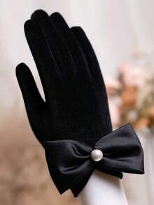 带山茶花图案的黑色天鹅绒手套，适合女士茶会服装/婚宴礼服、万圣节服装手套、圣诞节手套、特殊场合 1920 年代服装晚间歌剧手套 - 黑色 - 查看 9