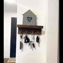 1 pieza Soporte de llaves de madera rústica con 4 ganchos de metal, estante de pared para llaves y organizador de correo para entrada, dormitorio, cocina, sala de estar, decoración del hogar, almacenamiento, exhibición decorativa funcional, diseño moderno y contemporáneo, solución de organización ahorradora de espacio, regalo perfecto para familia y amigos - Multicolor - Ver 11