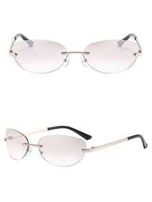 1pc Unisex Y2K Vintage Silver Fashion Frameless Oval Glasses With Metal Hinges, Comfortable & Ultra-Light Large Size Metal Glasses Accessories Women - 銀框漸層灰片 - 查看 4