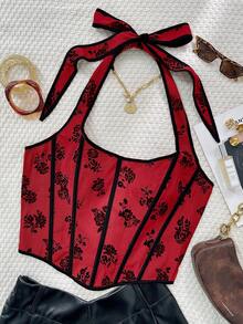 Apperloth A 加大码狂欢节美拉德天鹅绒花卉刺绣佩斯利印花系带露背连体短款上衣黑色 - 黑色 - 查看 7