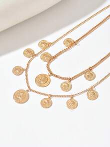 1pc Fashionable Vintage Coin & Badge Pendant Multilayer Necklace, Minimalist Elegant Jewelry For Women, Suitable For Casual, Holiday, Date, Party, Gift, Adjustable Length