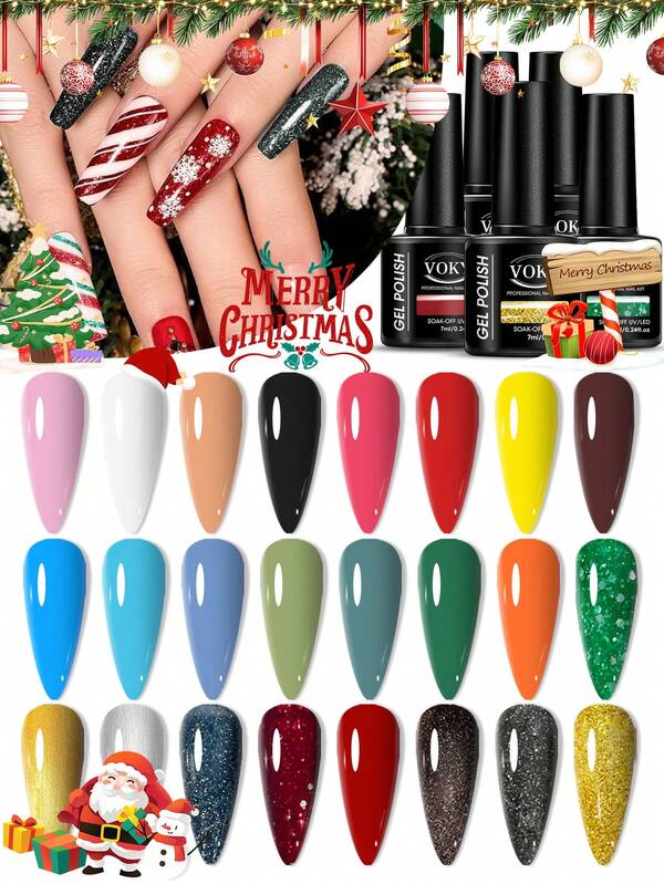 VOKY 24-Color Customizable Gel Nail Polish Set, Featuring The Autumn-Winter And Christmas Shimmering Pink Tones, Shining Silver Champagne, Love Time Hues, Nail Salon Decoration, Home Nail Design, DIY Nail Set, Gift For Ladies And Girls.