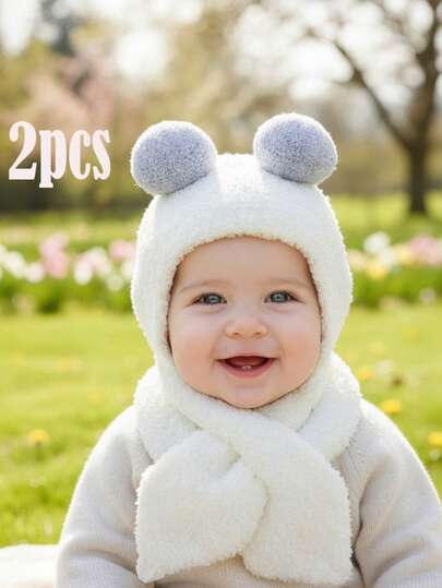 2件套幼儿针织帽、围巾和手套套装，粉色双绒球