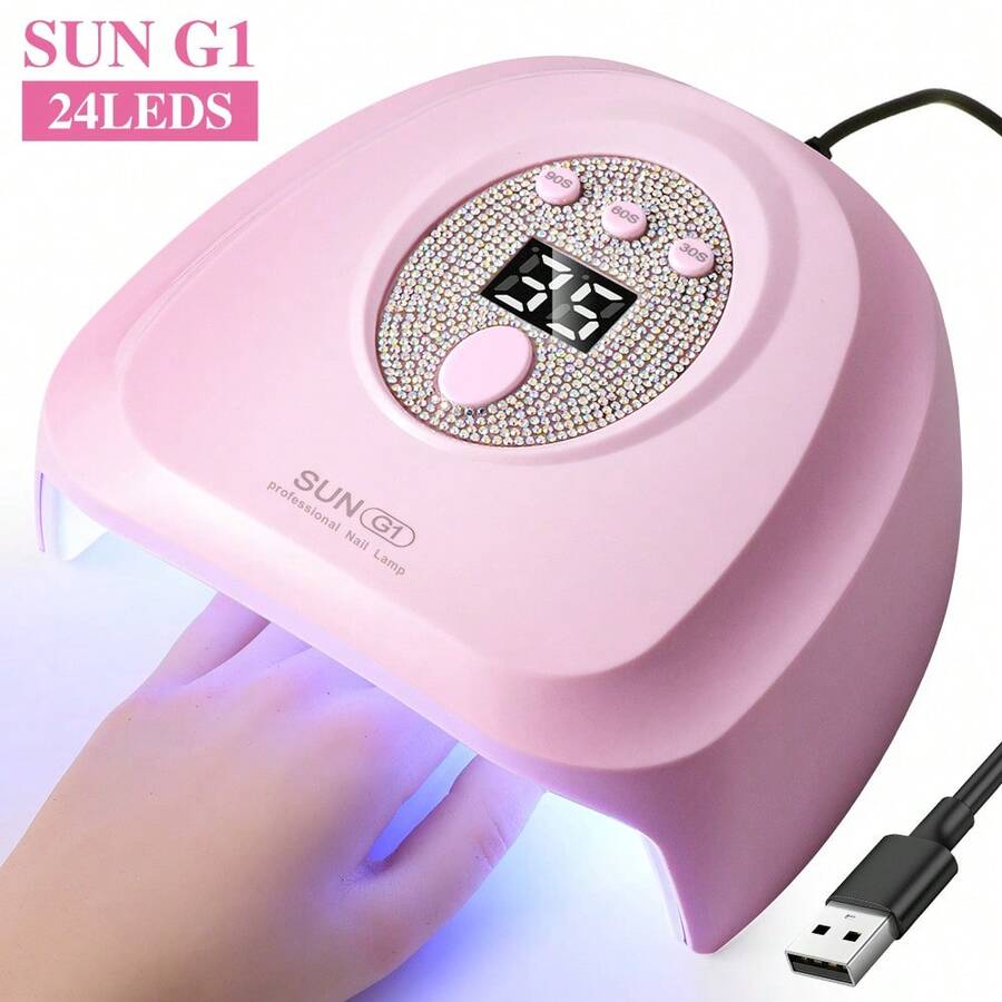 24颗LED珍珠美甲灯，快速干燥UV/LED双光源美甲烘干机（无香型），美甲凝胶抛光机（3种定时设置），饰有闪亮水钻，USB供电专业SUN G1美甲灯 - 白色/粉色，情人节礼物 - 粉色 - 查看 1