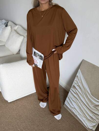 Nina Bonheur 2pcs Women Crew Neck Long Sleeve Top + Elastic Waist Pants Pajama Set