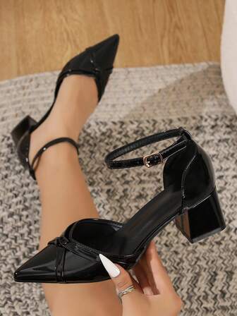 Zapatos formales de mujer de unicolor, tacones altos negros, bombas con tacón grueso, punta puntiaguda, correa cruzada, bajo empeine hueco, zapatos de banquete brillantes