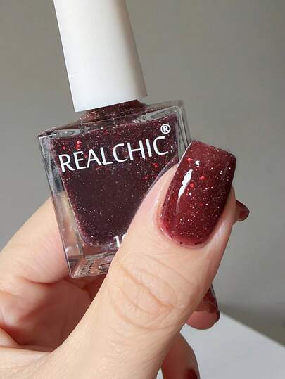 REALCHIC 10ml/Pcs, Dark Red Reflective Glitter Water Based Nail Polish,Fast Dry,Long Lasting,Peel Off,Manicure Nails Art For Women & Girls, New Years Gifts