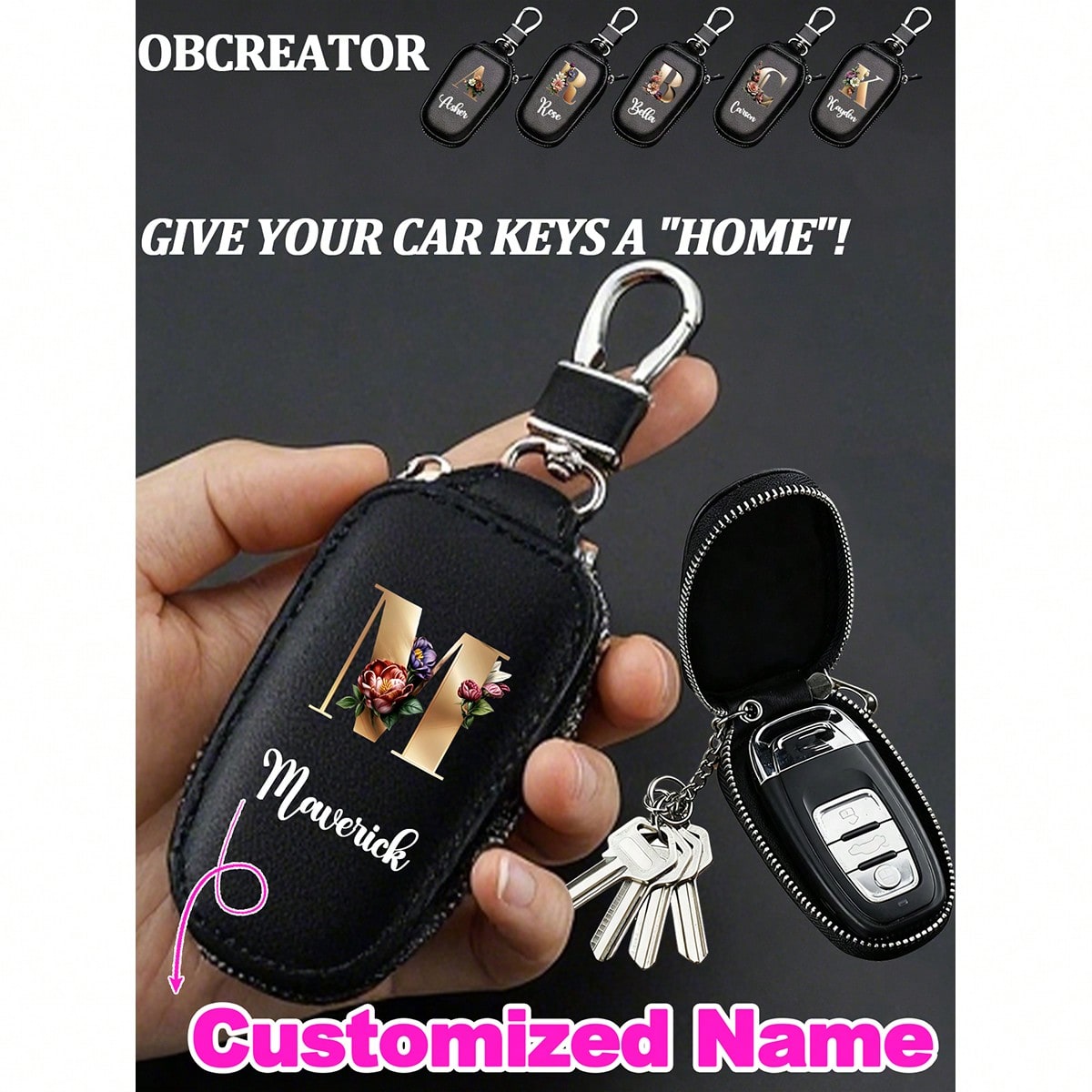 Protector de cremallera personalizado con nombre, iniciales florales metálicas A-Z, estuche de llave de imitación de cuero PU, llavero de coche, hog