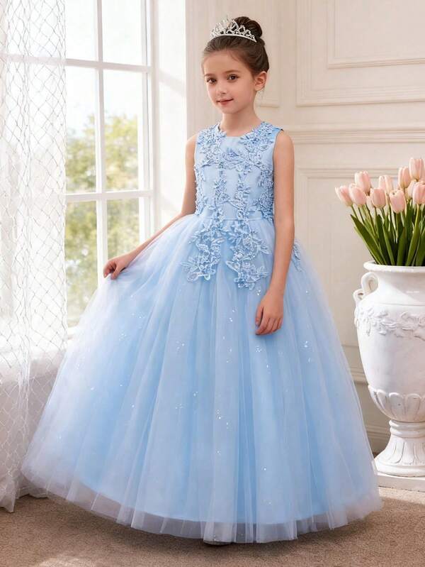 Tween Girl Lace Wedding Party Dress, Princess Pageant Evening Gown