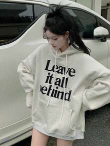 Slogan Pattern Drop Shoulder Oversized Drawstring Hoodie,Three Quarter Sleeve Tops - Light Grey - View 3