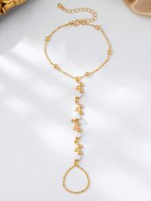 1 Stück modischer, minimalistischer, einzigartiger Blatt- & Perlen-Fingerkettenarmband für Frauen, geeignet für den täglichen Gebrauch, Urlaub, Date, Feiertags-Schmuck - Gold - Übersicht 5