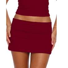 Fold Over Mini Skirts For Women Y2k Low Rise Bodycon Sweat Short Skirt Cute Going Out Micro Mini Skirt Beach Vacation Club Streetwear - 酒紅色 - 查看 2