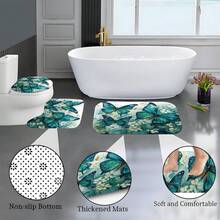 1/4 Set Green & Blue Butterfly Pattern Bathroom Curtain Set, Includes Anti-Slip Rug, White Floral Painting Bohemian Style Bathroom Set, Bath Rug, Bath Mat And Toilet Mat - Multicolor - View 7