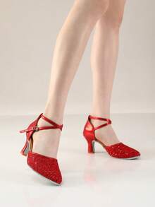 女士拉丁舞鞋亮片包头舞鞋交谊莎莎舞厅练习表演舞鞋婚礼派对高跟红色舞鞋 - 紅色 - 查看 5