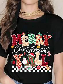 Merry Christmas Y'all Festive Holiday T-Shirt For Women - Christmas Tree, Snowman, And Plaid Design - Perfect For Xmas Party, Winter Celebration, And Christmas Gift - màu đen - Xem 1