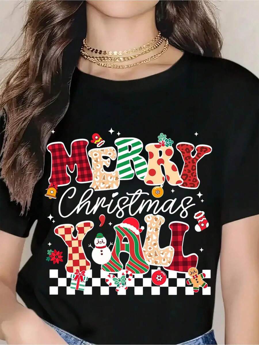 Merry Christmas Y'all Festive Holiday T-Shirt For Women - Christmas Tree, Snowman, And Plaid Design - Perfect For Xmas Party, Winter Celebration, And Christmas Gift - màu đen - Xem 1