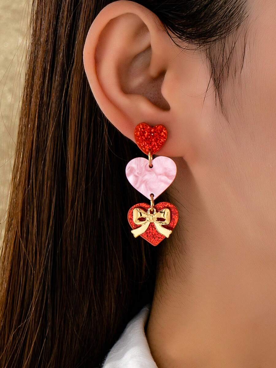 1 Pair Fashionable Unique Heart & Bow Earrings, Suitable For Women's Daily Decoration, Holiday, Date, Party Gift