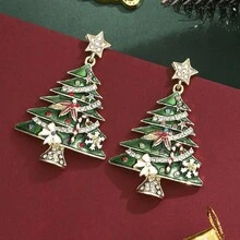 Pendientes de árbol de Navidad para mujer, exquisitos pendientes colgantes con diamantes de imitación. - Verde - Ver 3