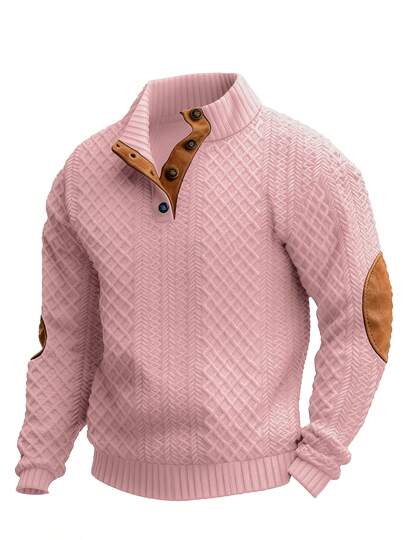Men's Casual Fashion Half-Zip Jacquard Knit Henley Polo Shirt, Loose Fit Knit Sweatshirt, Vintage Distressed Contrast Elbow Patch, Suitable For Spring And Autumn (Note: The Knit Sweatshirt Is Not Thick Like Wool; European And American Sizes Tend To Run Large, So It Is Recommended To Order One Size Smaller)