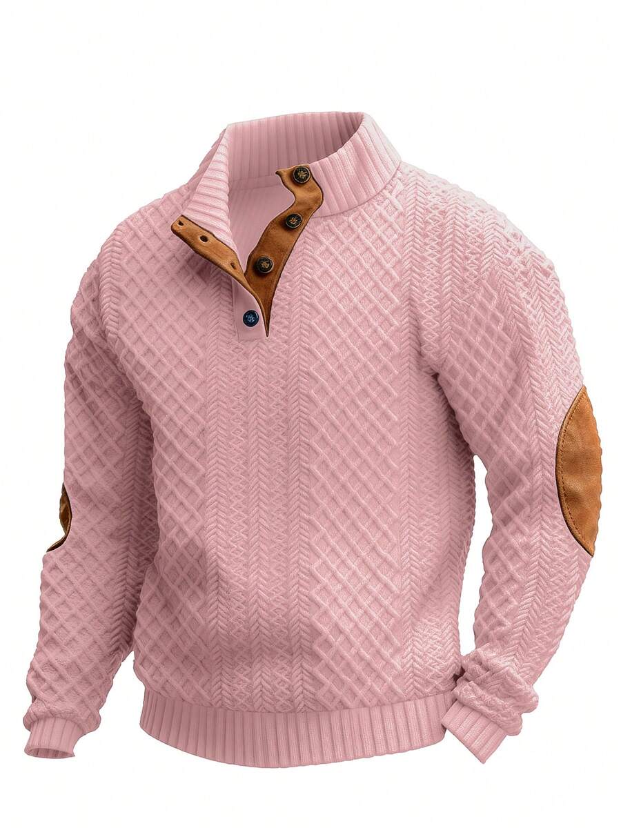 Men's Casual Fashion Half-Zip Jacquard Knit Henley Polo Shirt, Loose Fit Knit Sweatshirt, Vintage Distressed Contrast Elbow Patch, Suitable For Spring And Autumn (Note: The Knit Sweatshirt Is Not Thick Like Wool; European And American Sizes Tend To Run Large, So It Is Recommended To Order One Size Smaller) - 淺粉色 - 查看 1