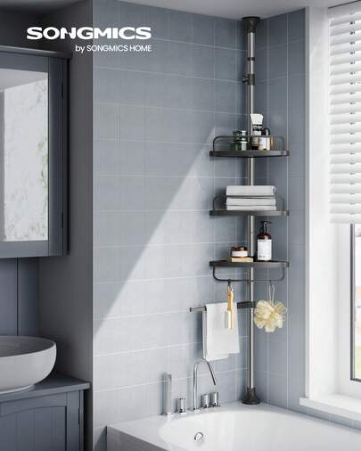 Shower Caddy, Telescopic Corner Shower Shelf For Bathroom, 95-300 Cm High Pole, Stainless Steel, With 4 Shelves, 3 Hooks, 1 Towel Bar, Metallic Silver And Ink Black