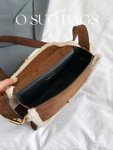 1pc Mini Fuzzy Deer Faux Fur Shoulder Bag, Cute Fluffy Magnetic Flap Small Square Bag For Winter - Coffee Brown - View 7