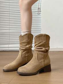 Mengshangli Round Toe Mid-Calf Boots, Solid Color Western Style Ruffle Trim Chunky Heel, Suitable For Holiday Party, Vacation, Autumn/Winter Short Boots For Women - Khaki - View 3