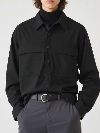 Camisa de utilidad para hombre de otoño/invierno con diseño de parches y bolsillos grandes, camisa casual de moda para exteriores, de manga larga, de unicolor y estilo sencillo, adecuada para ocio al aire libre, deportes, pesca y viajes