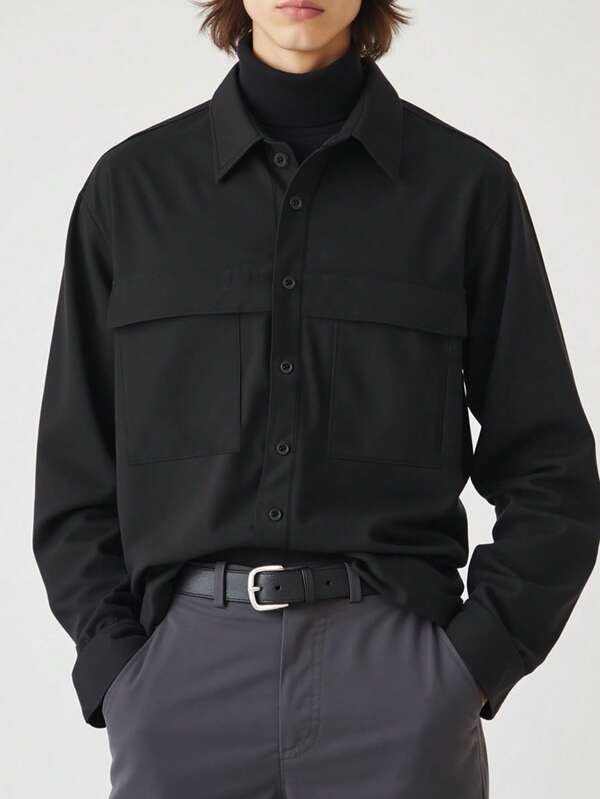 Men's Autumn/Winter Outdoor Utility Shirt With Patchwork Design & Large Pockets, Fashion Casual Outdoor Shirt, Collared Long Sleeve Solid Color Simple Style, Suitable For Outdoor Leisure, Sports, Fishing, Commuting