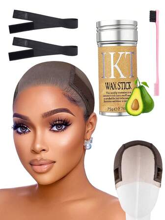 5件套发蜡造型套装 – 包括发蜡棒、发际线梳、可调节假发带和透气假发帽；多功能顺发套装，适用于打造柔顺造型、佩戴假发和日常护发；防毛躁、轻便易携，是旅行的理想之选。