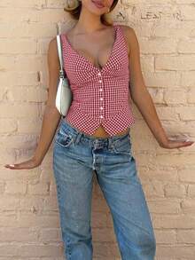 Women's Summer Casual Sleeveless Thick Strap Button Plaid Tank Top - Women Vacation Outfits, Summer Tops - Red - View 4