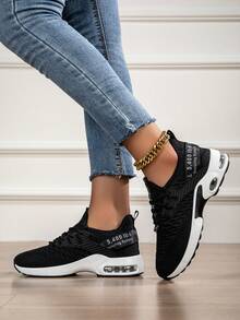 Women's Air Cushion Mesh Breathable Running Shoes, Women's Black Casual Walking Shoes, Women's Black Mesh Breathable Air Cushion Shock Absorbing Sports Shoes, Lightweight Non-Slip Sports Training Shoes Suitable For Gym And Walking, Casual Lightweight Sports Training Shoes